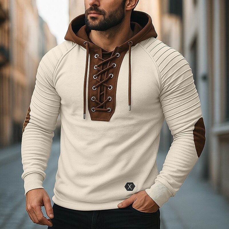 Men's T Shirt Tee Top Long Sleeve Shirt Long Sleeve Hooded Fall Spring &  Fall Color Block Slim Pleated Fashion Designer Basic Lace up Patchwork Vacation Street Casual Black Army Green Beige Top Tee