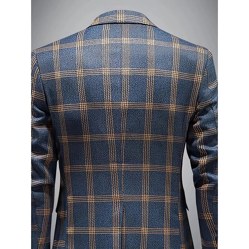 Men's Blazer Jacket Notch Collar Casual Plaid Blazer Dusty Blue Tailored Fit Single Breasted One-button3