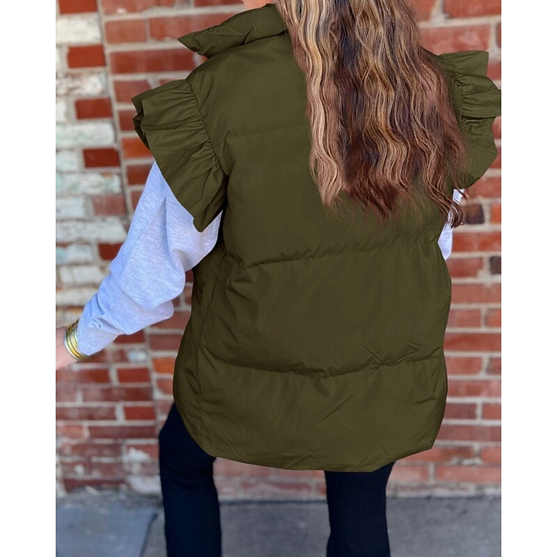 Women's Vest Warm Comfortable Pocket Buttons Casual Plain Street Holiday Single Breasted Regular Stand Collar Regular Fit Long Sleeve Outerwear Black Khaki Army Green Fall Winter2