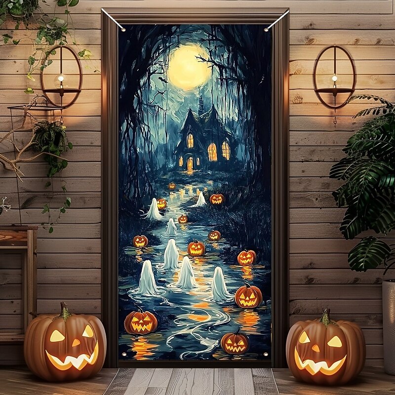 Halloween Door Decorations Halloween Door Covers Door Tapestry Pumpkins Forest Door Curtain Decoration Backdrop Door Banner for Front Door Farmhouse Holiday Party Decor Supplies 5