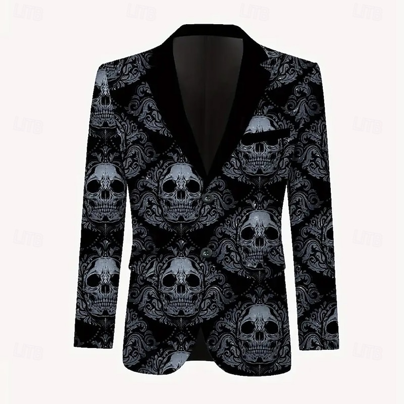 Halloween Men's Coat Blazer Street Casual Festival Casual Daily British All Seasons 100% Polyester Skulls 3D Print Buttons Thermal Warm Comfortable Single Breasted Blazer Black