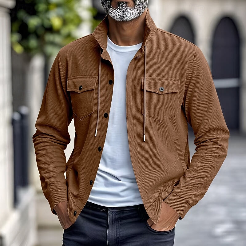 Men's Lightweight Jacket Corduroy Jacket Cargo Jacket Casual Jacket Vacation Daily Warm Pocket Fall Winter Plain Fashion Classic Lapel Regular Black Brown Light Grey Army Green Apricot Jacket