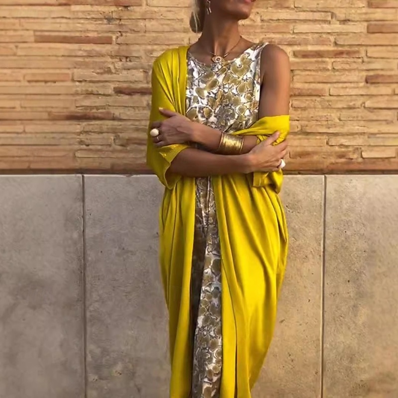 Women's Long Dress Maxi Dress Dress Set Classic Outdoor Vacation Holiday Regular Fit Floral 3/4 Length Sleeve Crew Neck Gold Fall2