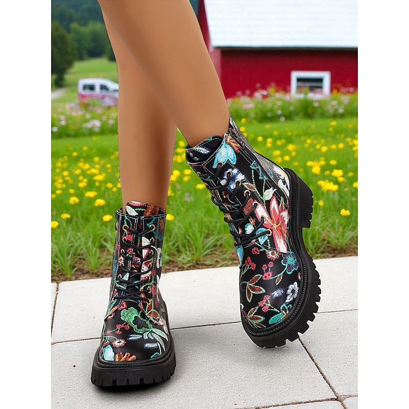 Women's Black Floral Print Combat Boots – Lace-Up Side Zip, Chunky Lug Sole, Stylish Casual & Festival Footwear3