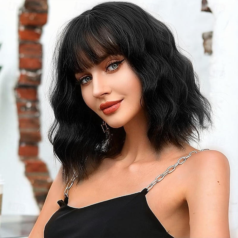 Black Wig With Bangs Bob Synthetic Curly Wigs Natural Shoulder Length Wig 12 inch for Women Girls Daily Use Colorful Wigs