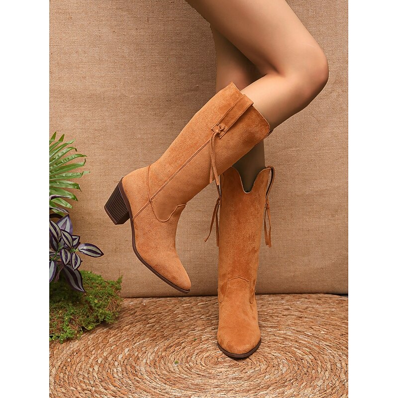 Women's Western - Style Knee - High Boots - Taupe Suede Chunky Heel Cowboy Booties with Tassels4