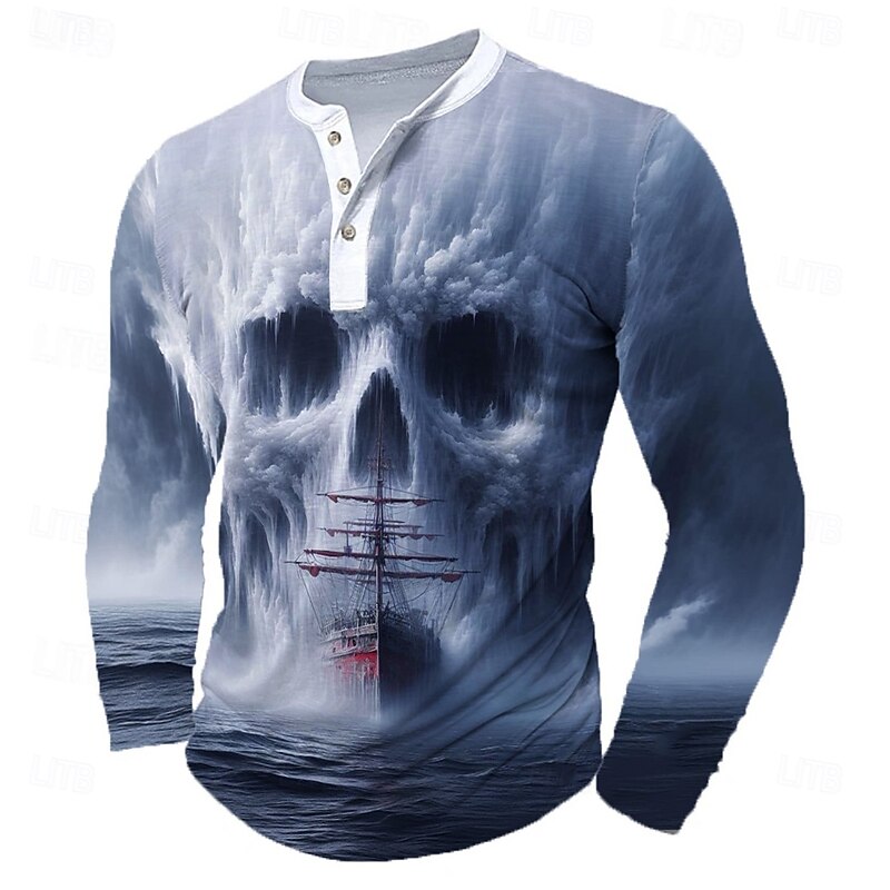 Halloween Men's Skull Cool Skulls T Shirt Henley Shirt Long Sleeve T shirt Henley Shirt Fashion Daily Basic Street Casual Daily Light Blue Green Khaki Summer Spring Clothing Apparel S M L XL 2XL 3XL