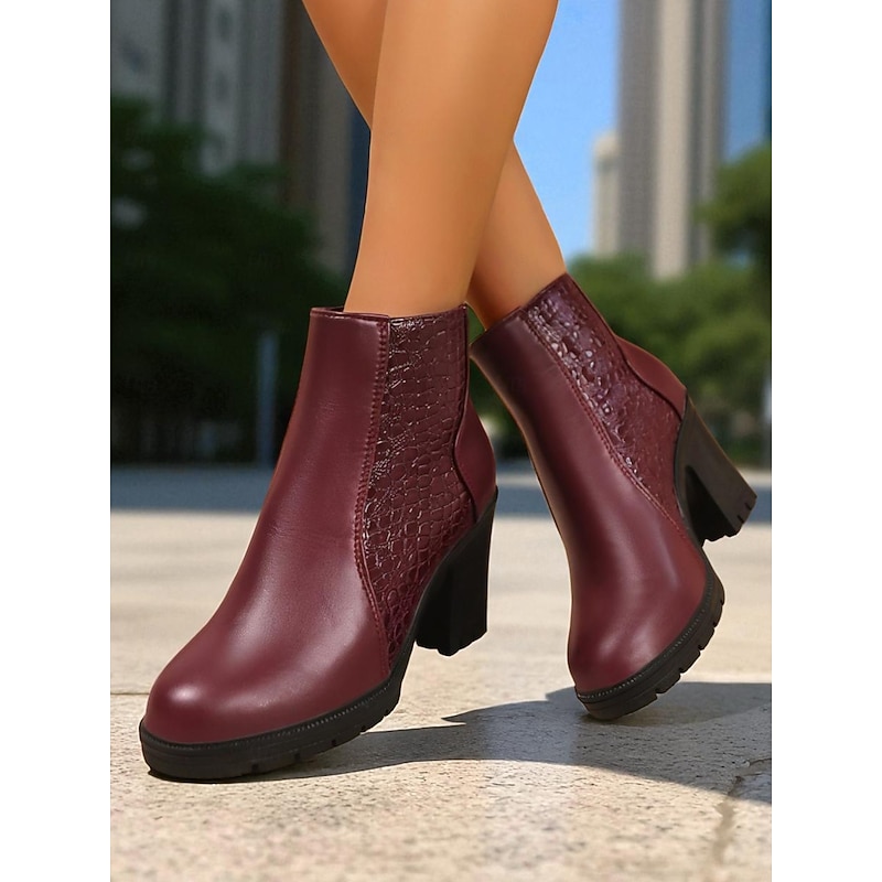 Women's Burgundy Faux Leather Ankle Boots with Block Heels and Croc Texture - Elegant Fall Office & Casual Wear Booties2