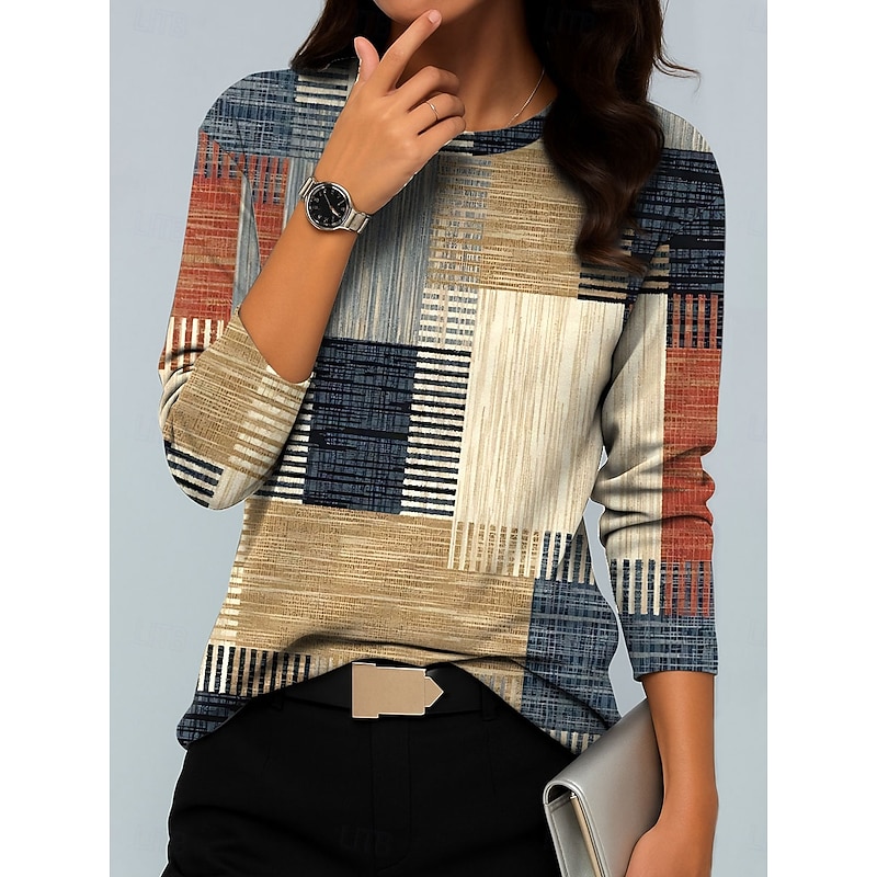 Women's Hoodies Graphic Geometric Color Block Vintage Fashion Casual Long Sleeve Crew Neck Round Neck Regular Tops Casual Print Blue Purple Green Khaki Fall Winter