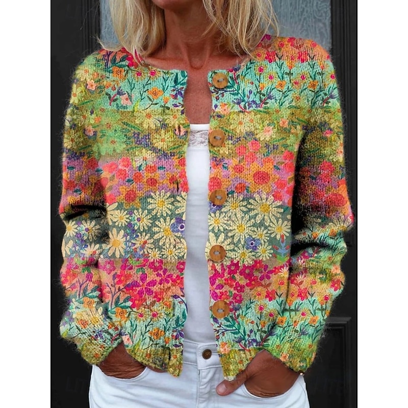 Women's Cardigan Sweater Knitted Ribbed Button Front Round Neck Long Sleeve Lightweight Daily Floral Graphic Geometric Buttons Print Regular Tops Knit Outdoor Weekend Purple Green Spring Fall2