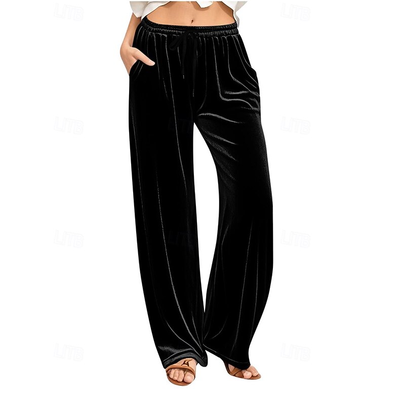 Women's Wide Leg Corduroy Pants Slacks Streetwear Casual Full Length Natural Plain Pocket Elastic Drawstring Design Comfortable Street Holiday Weekend Dark Brown Rust Black White Fall Regular Fit4