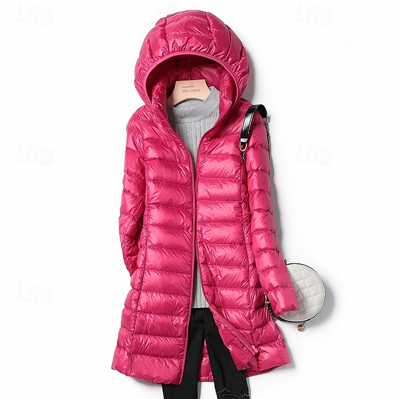 Women's Down Jacket Coat Warm Comfortable Zipper Pocket Fashion Plain Vacation Daily Wear Going out Weekend Zipper Long Hooded Regular Fit Long Sleeve Outerwear Black Wine Red Fall Winter3