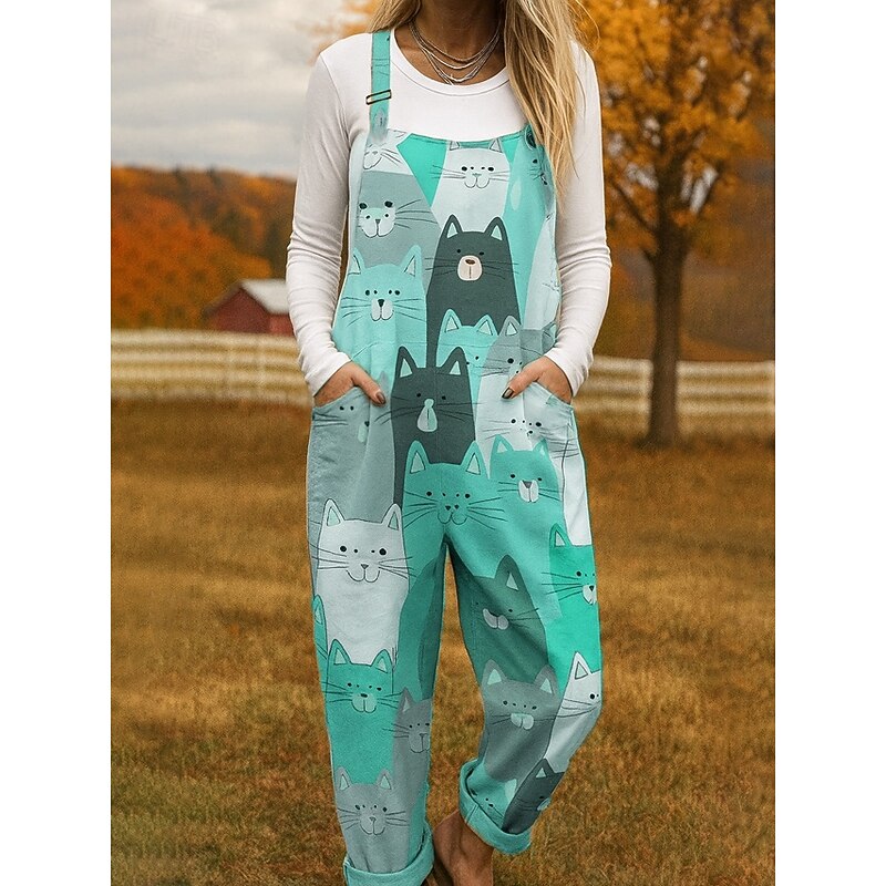 100% Cotton Women's Dungarees Lightweight Graphic Sleeveless Sleeveless Straight Square Neck Pocket with Pocket Vacation Daily Loose Fit Pink Blue Purple Summer3