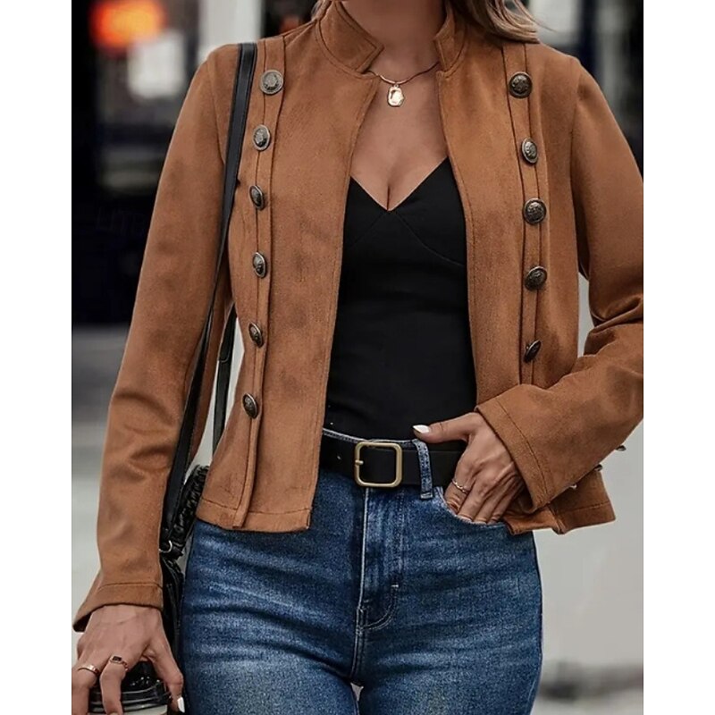 Women's Casual Jacket Comfortable Buttons Active Casual Plain Outdoor Street Holiday Daily Wear Double Breasted Regular Stand Collar Regular Fit Long Sleeve Outerwear Black Brown Fall4