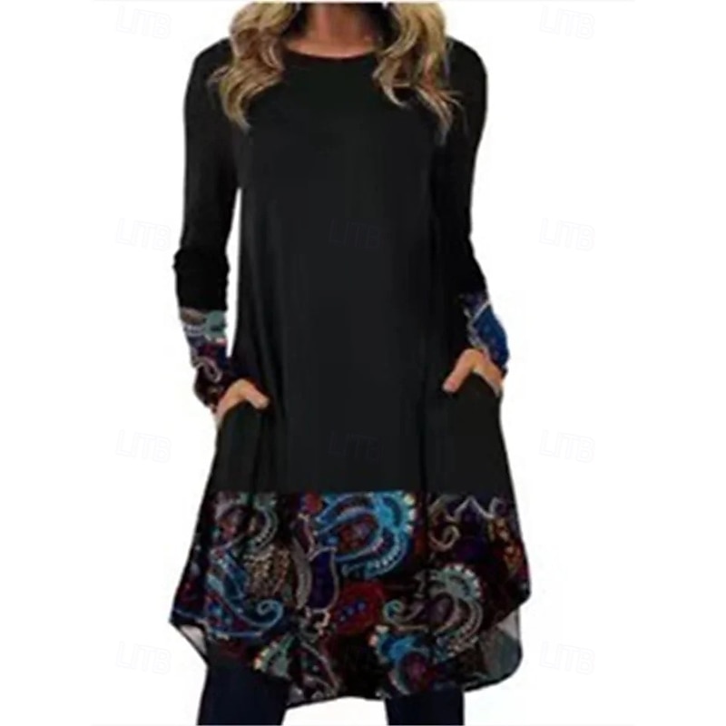 Women's Midi Dress Sheath Dress T Shirt Dress Tee Dress A Line Dress Athletic Dress Vacation Casual Boho Daily Regular Fit Graphic Geometric Houndstooth Long Sleeve Crew Neck Blue Brown Green Rainbow4