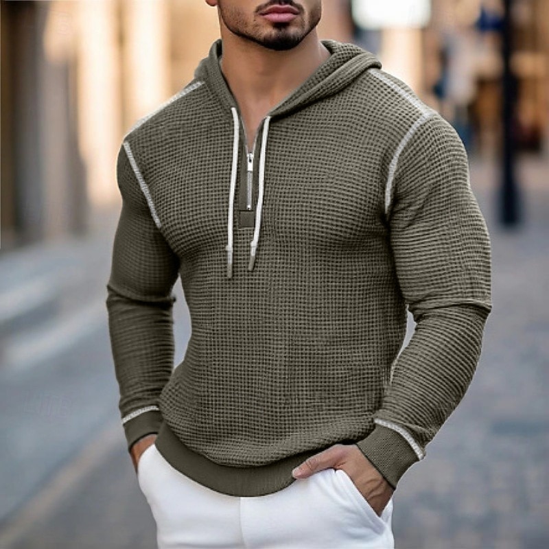 Men's Hoodie Waffle Hoodies Pullover Hoodie Sweatshirt Quarter Zip Hoodie Black Army Green Brown Gray Hooded Plain Patchwork Zipper Color Block Sports & Outdoor Casual Daily Streetwear Cool Sportswear4