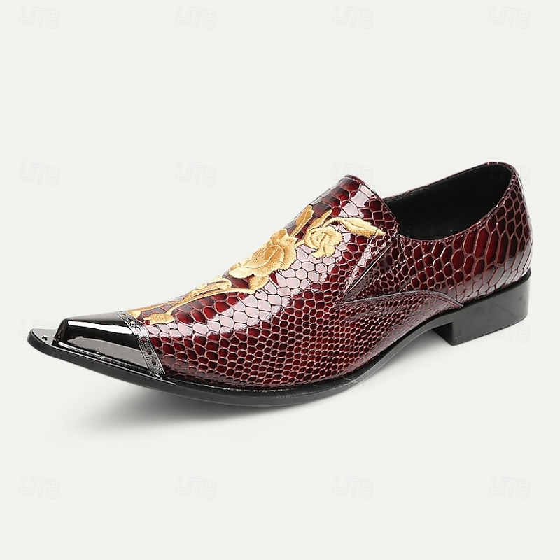 Men's Burgundy Crocodile Pattern Leather Dress Shoes, Luxury Pointed Toe Loafers with Floral Embroidery for Weddings, Parties and Formal Occasions2