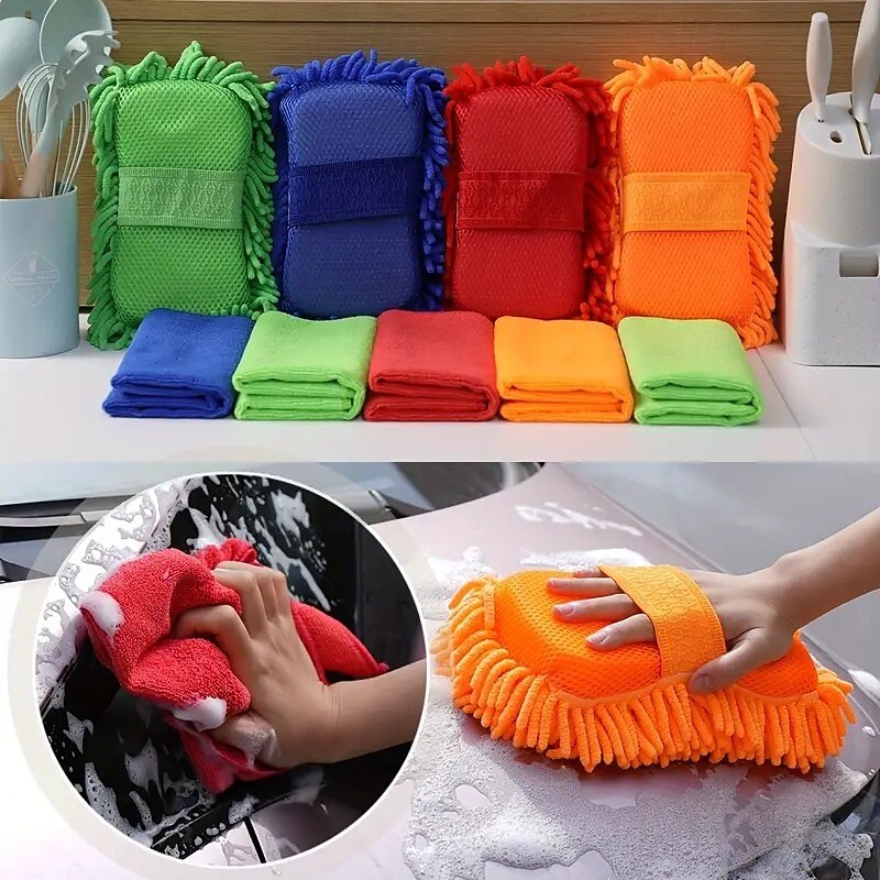 6-Piece Car Wash Sponge and Towel Set – Includes 1 Cleaning Sponge Glove and 5 Soft, Super Absorbent Microfiber Towels – Reusable for Car, Home, and Kitchen Use2