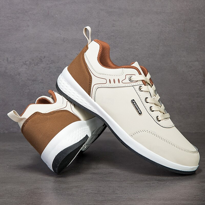 Men's White Faux Leather Casual Sneakers with Brown Accent – Lightweight Everyday Walking Shoes for Work, Travel and Street Style Fashion2