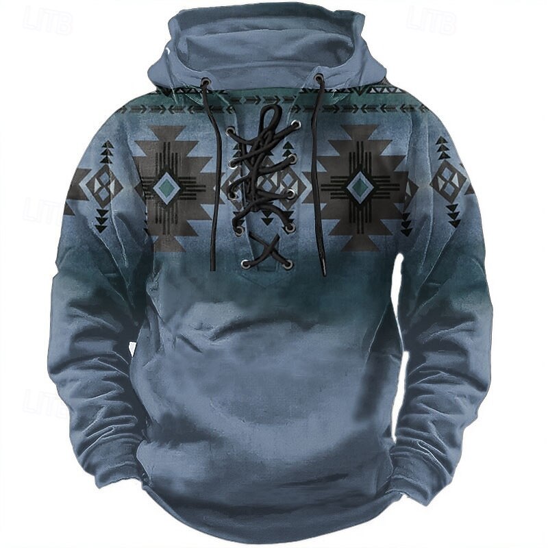 Men's Aztec Tribal Hoodies Ethnic Vintage Retro Long Sleeve Hooded Blue Brown Drawstring Fall Winter Designer4