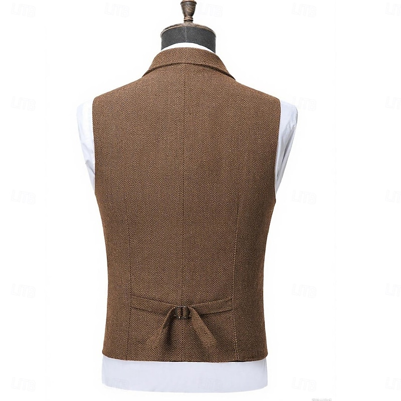 Men's Vest Waistcoat Formal Wedding Vacation Daily Fashion Classic Spring Fall Pocket Buttons Wool Acrylic Comfortable Plain Herringbone Single Breasted Lapel Regular Fit Black Champagne Red Burgundy4