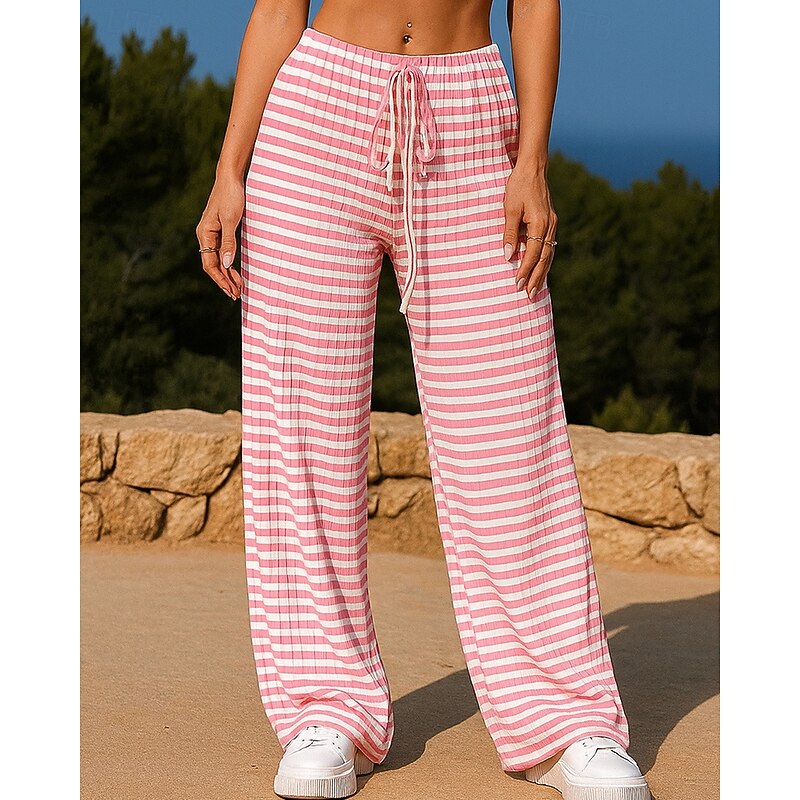 Women's Sports Lounge Pants Casual Straight Leg Pants Drawstring High Waist Bottoms Athleisure Gym Workout Fall Lightweight Gym Workout Outdoor Running Loose Fit Sportswear Activewear Stripes Black