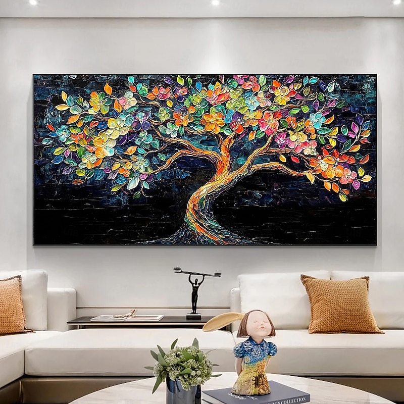 Handmade Original Colorful Blooming Tree Oil Painting On Canvas Wall Abstract Tree of Life Painting for Home Decor With Stretched Frame/Without Inner Frame Painting2
