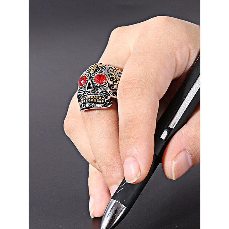 Men's Halloween Skull Ring – Gothic Stainless Steel Biker Jewelry with Green Eyes and Gold Cross Details for Party, Cosplay and Punk Style3