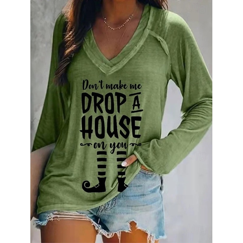 Halloween Women's T shirt Witch Long Sleeve Graphic Letter Vintage Stylish Classic Long Sleeve V Neck Regular Tops Daily Print Black White Blue Orange Green Spring Fall Prefall