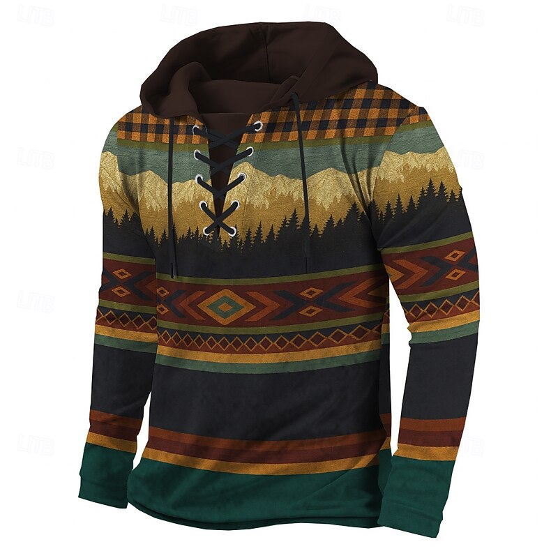 Men's Geometric Cowboy Hoodie Sweatshirt Fashion Daily Long Sleeve Hooded Outdoor Streetwear Light Brown Blue Drawstring Color Block Fall Winter Designer