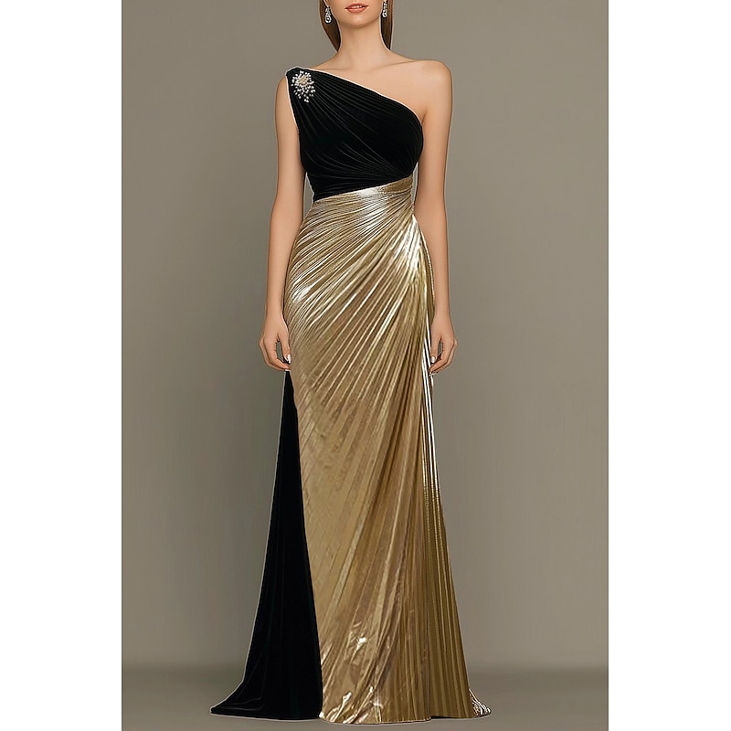 Black Gold Column Evening Gown Elegant Dress Formal Wedding Guest Floor Length Sleeveless One Shoulder Mother Of the Bride Dress Satin with Rhinestone Pleats