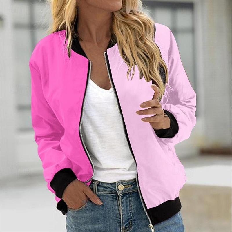 Women's Casual Jacket Comfortable Patchwork Zipper Casual Color Block Going out Weekend Zipper Regular Crewneck Regular Fit Long Sleeve Outerwear Black White Pink Fall2