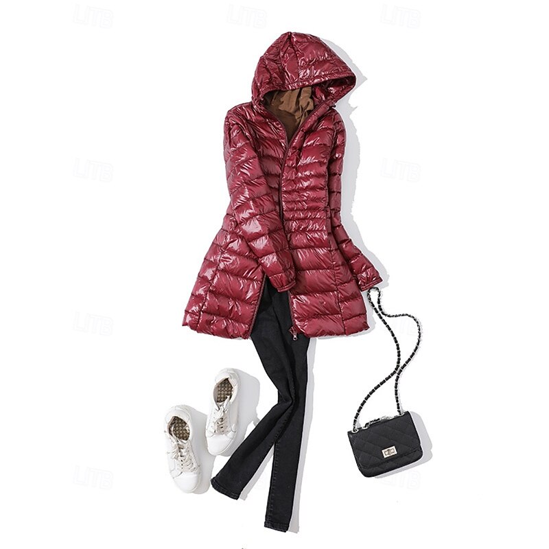 Women's Down Jacket Coat Warm Comfortable Zipper Pocket Fashion Plain Holiday Going out Casual Daily Weekend Zipper Long Hooded Regular Fit Long Sleeve Outerwear Black Wine Red Fall Winter2