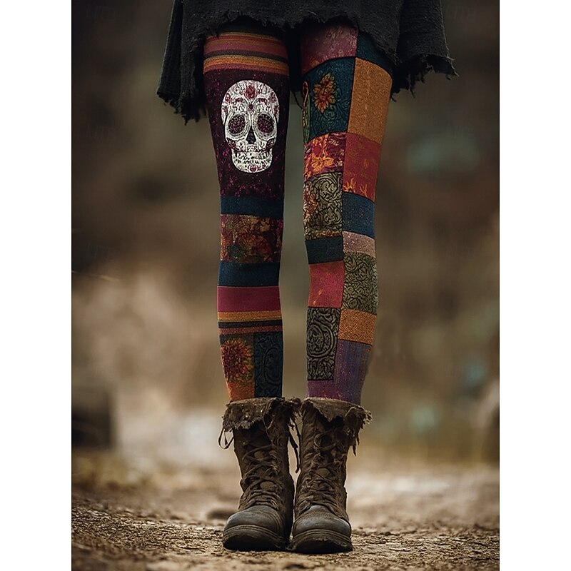 Women's Leggings Vacation Vintage Ethnic Style Ankle-Length High WaistPantsHalloween Graphic Skull Monster 3D Print Quick Dry Breathability Soft Stretchy Outdoor Home Causal Blue Orange Green Khaki