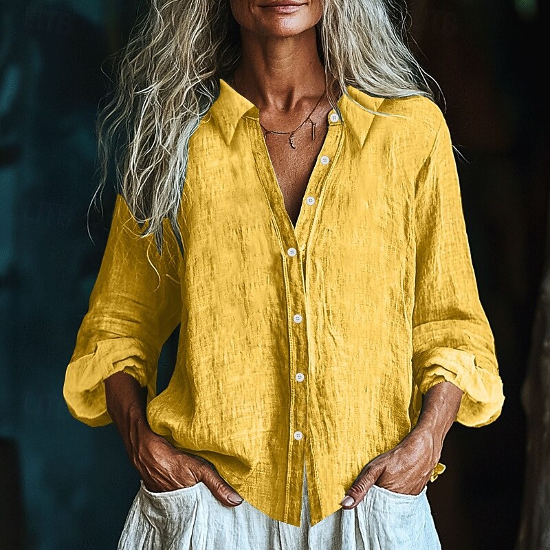Women's Shirt Texture Blouse Linen-Inspired Shirts Blouse Plain Modern Casual Long Sleeve Shirt Collar Regular Tops Daily Holiday Going out Buttons Black White Yellow Pink Wine Fall
