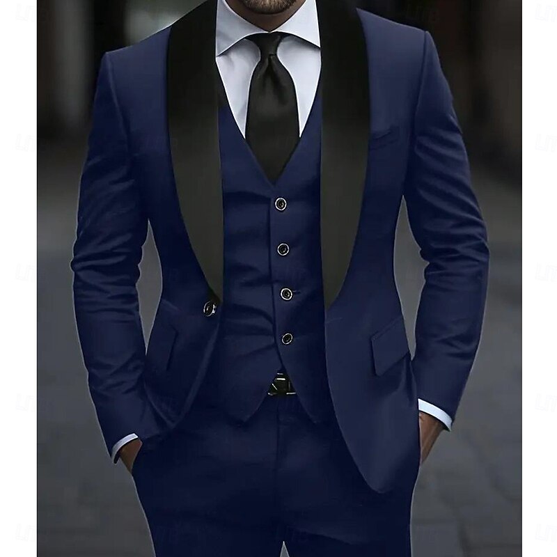 Men's Wedding Casual Party Suits Shawl Lapel Dark Blue Formal Solid Colored Slim Fit 3 Piece Single Breasted One-button