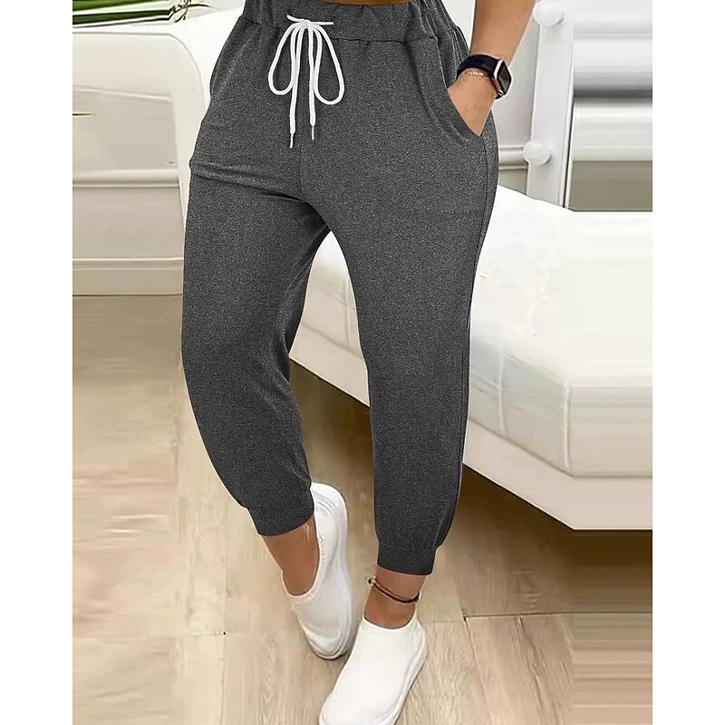 Women's Chinos Straight Streetwear Casual Ankle-Length Natural Plain Drawstring Comfortable Street Holiday Daily Wear Light Sky Blue Black Green ash-colored Fall Regular Fit2