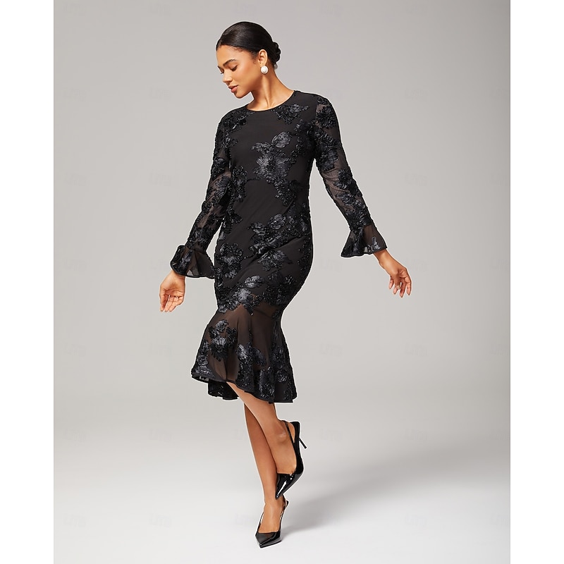 Women's Black Dress Party Dress Cocktail Dress Black Long Sleeve Embroidered Embroidery Winter Spring &  Fall Elegant Party Party S M L3