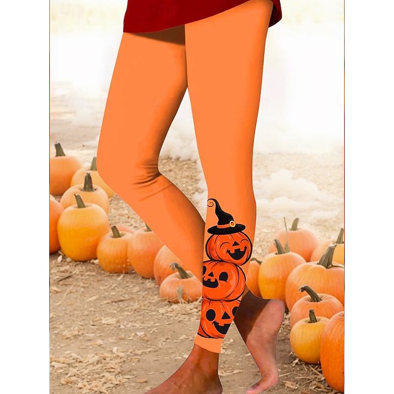 Women's Leggings Vintage Casual Full Length High WaistPantsHalloween Graphic Pumpkin Printing Soft Breathable Stretchy Street Daily Black Yellow Blue Orange Spring Fall Winter Slim Fit3