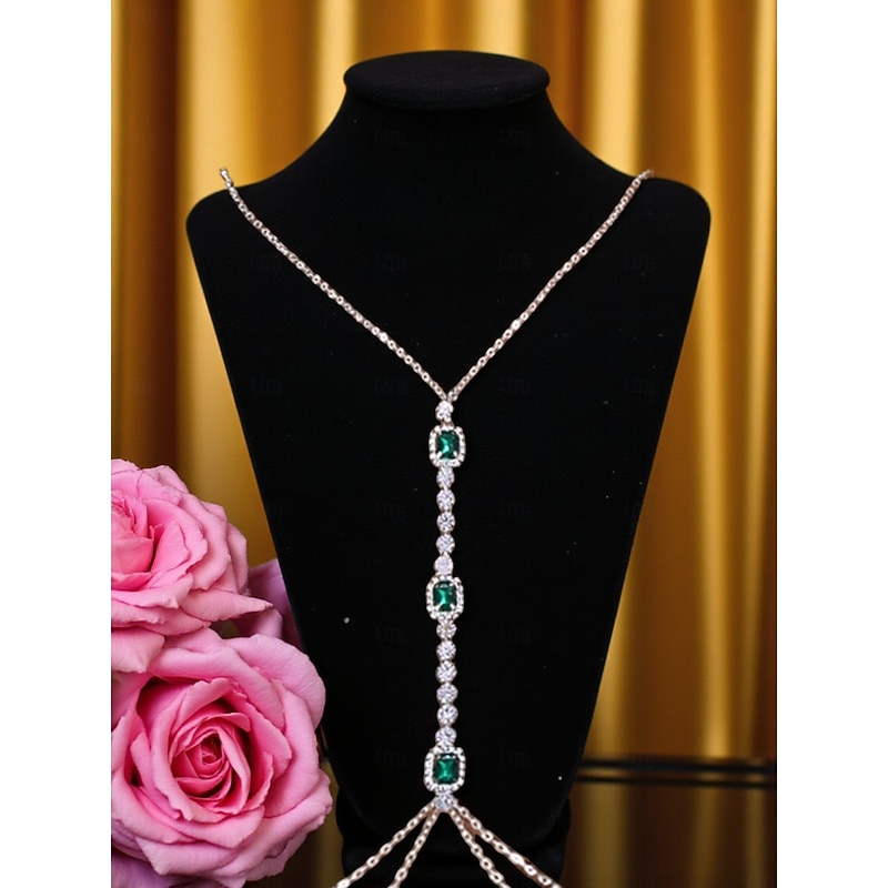 Women's Silver Emerald and Crystal Body Chain - Elegant Plunging Neckline Jewelry for Weddings, Evening Parties, Beach Vacations and Special Occasions4