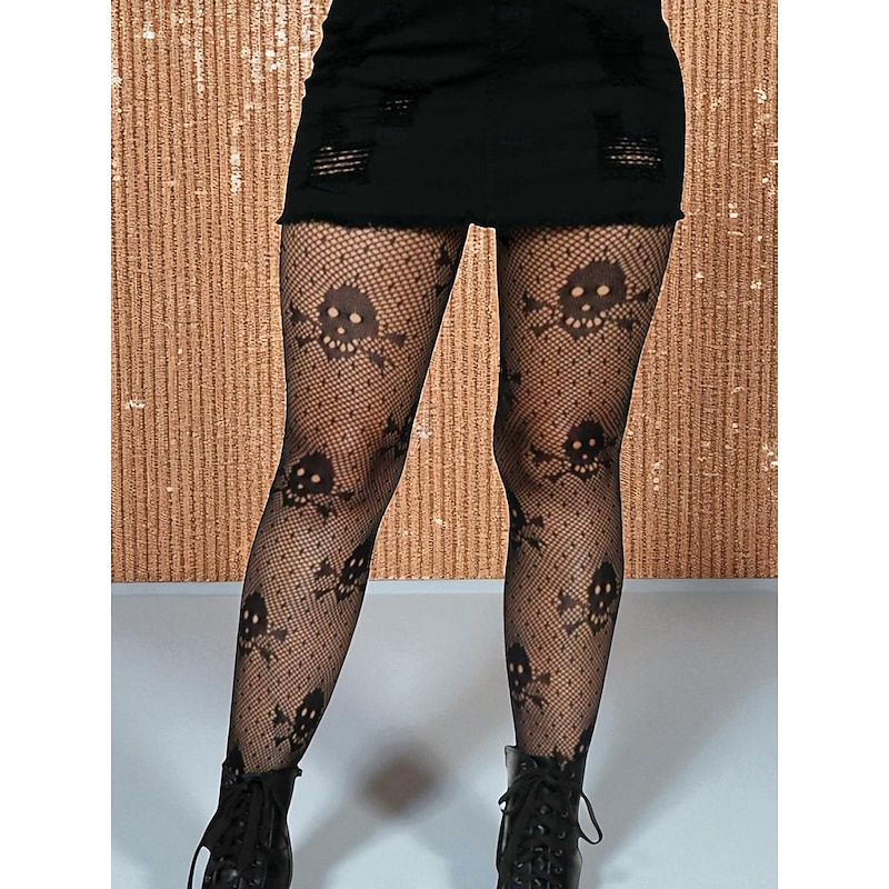 Women's Halloween Skull Fishnet Tights, Gothic Punk Sheer Pantyhose for Costume Party and Night Out