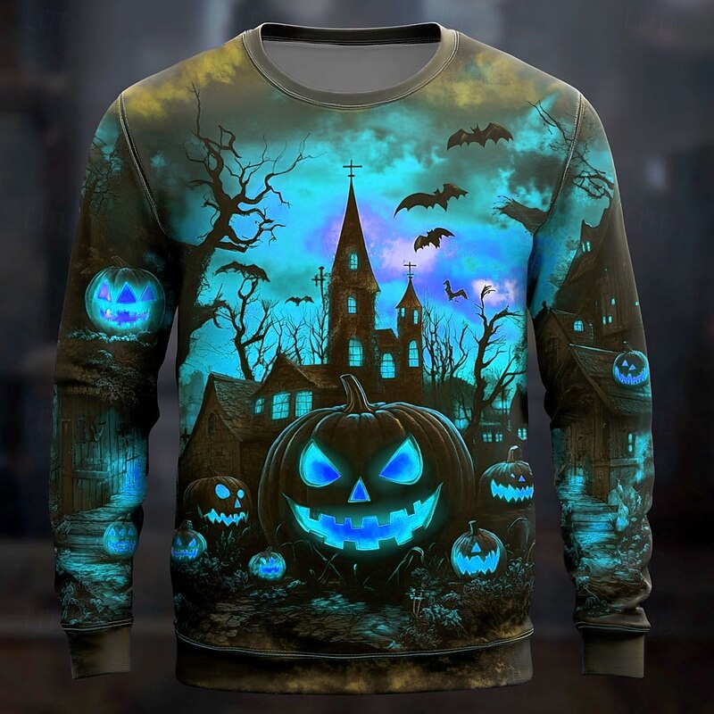 Halloween Men's Pumpkin Cemetery Sweatshirt Punk Party Long Sleeve Crew Neck Vacation Red Blue Crewneck 3D All Seasons Designer2