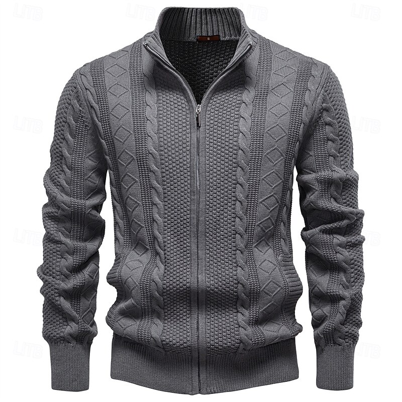 Men's Cardigan Sweater Cable Knit Regular Tops Zip Up Solid Color Turtleneck Elegant Daily Vacation Casual Clothing Apparel Spring Fall Black Dark Grey S M L