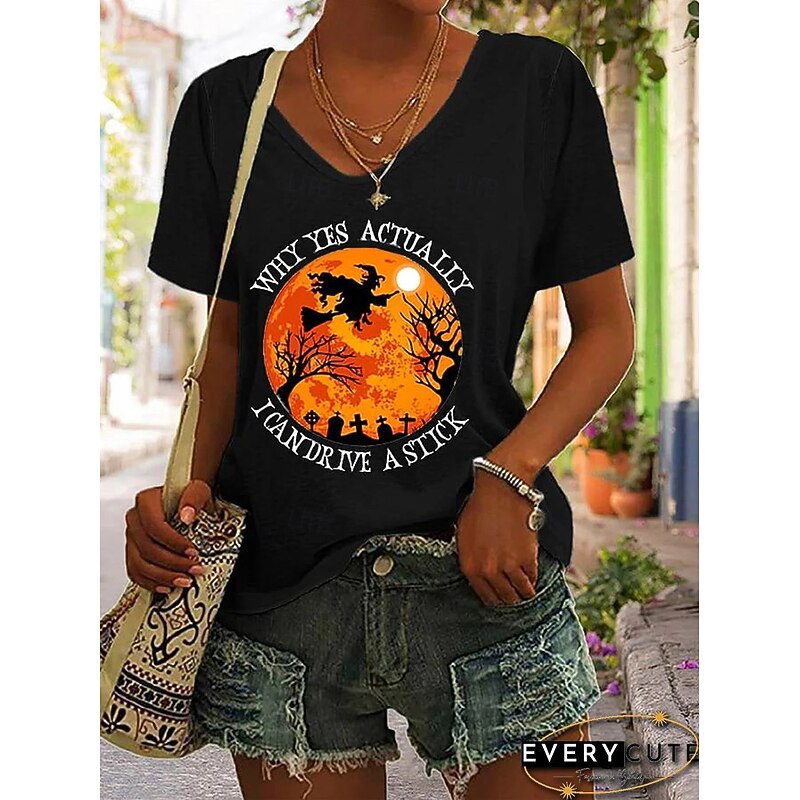 Halloween Women's T shirt Witch Graphic Letter Vintage Stylish Classic Short Sleeve V Neck Regular Tops Daily Print Black White Blue Green Gray Summer Spring