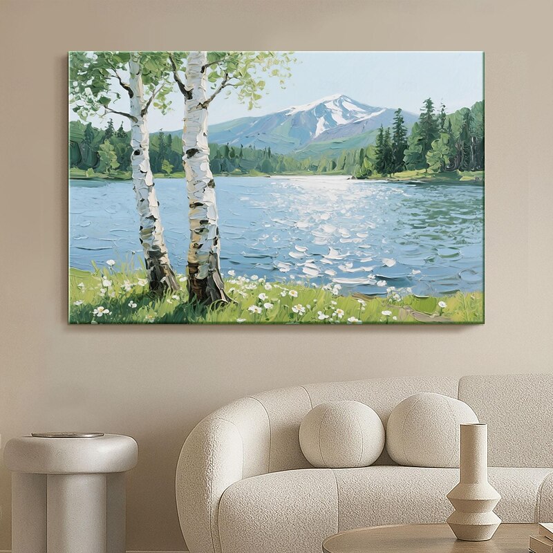Lake and Birch Tree Oil Painting on Canvas,Hand Painted 3D Texture Mountain Landscape Artwork,Natural Wall Decor for Living Room or Office4