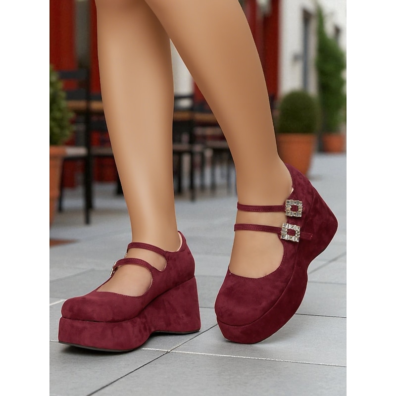 Women's Burgundy Platform Mary Jane Wedge Shoes with Crystal Buckle - Retro Chic Suede Round Toe Heels for Urban Outfits,Daily Wear and Holiday Looks - Main Image