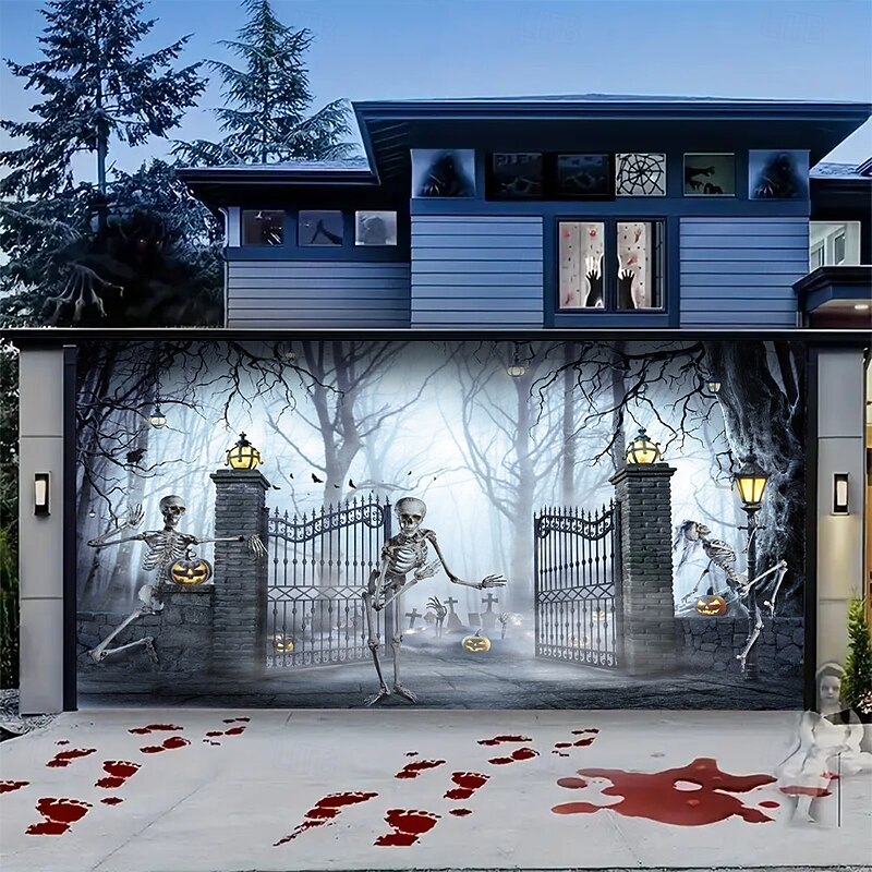 Halloween Garage Door Banner Decoration, Spooky Skeleton Dance with Pumpkins, Bats and Full Moon,  Large Outdoor Yard Banner for 2025 Halloween Party, Photo backdrop and Holiday Deco2