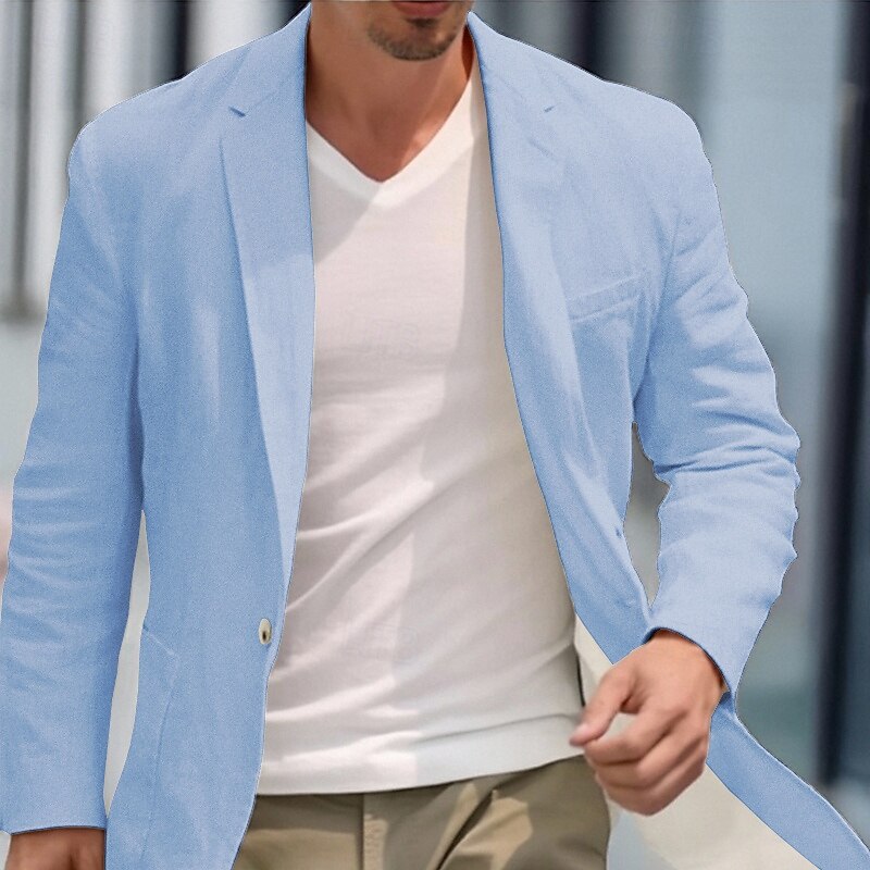Men's Blazer Business Cocktail Party Wedding Party Fashion Casual Spring Fall 100% Cotton Plain Pocket Buttons Comfortable Single Breasted Blazer White Pink Light Blue3