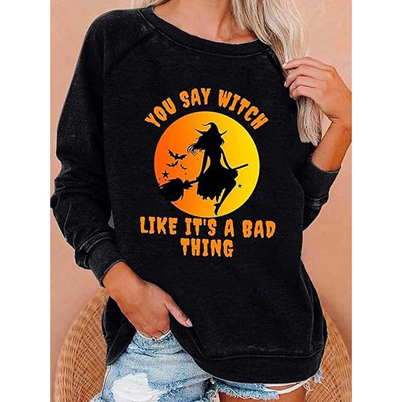 Halloween Women's Pullover Sweatshirt Witch Graphic Fashion Casual Long Sleeve Crew Neck Regular Tops Street Dailywear Casual Print Black White Gray Fall Winter2