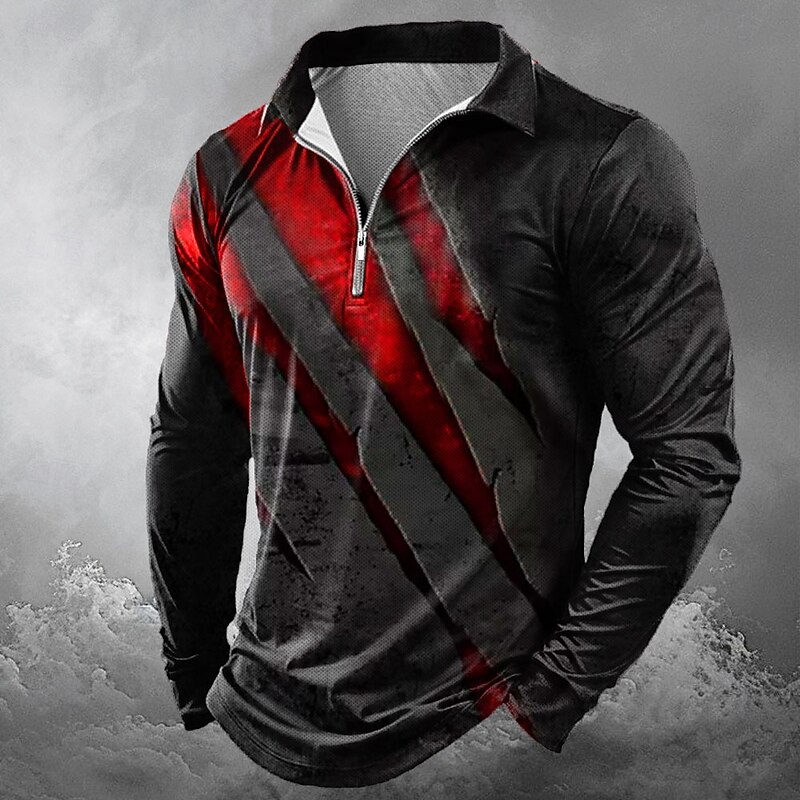 Halloween Men's Graphic Gothic Horror Zip Polo Shirts Long Sleeve Polo Shirts Lapel Casual Horror Dark Outdoor Festival Outfit 3D Print Spring Fall Winter Lake blue Red Blue